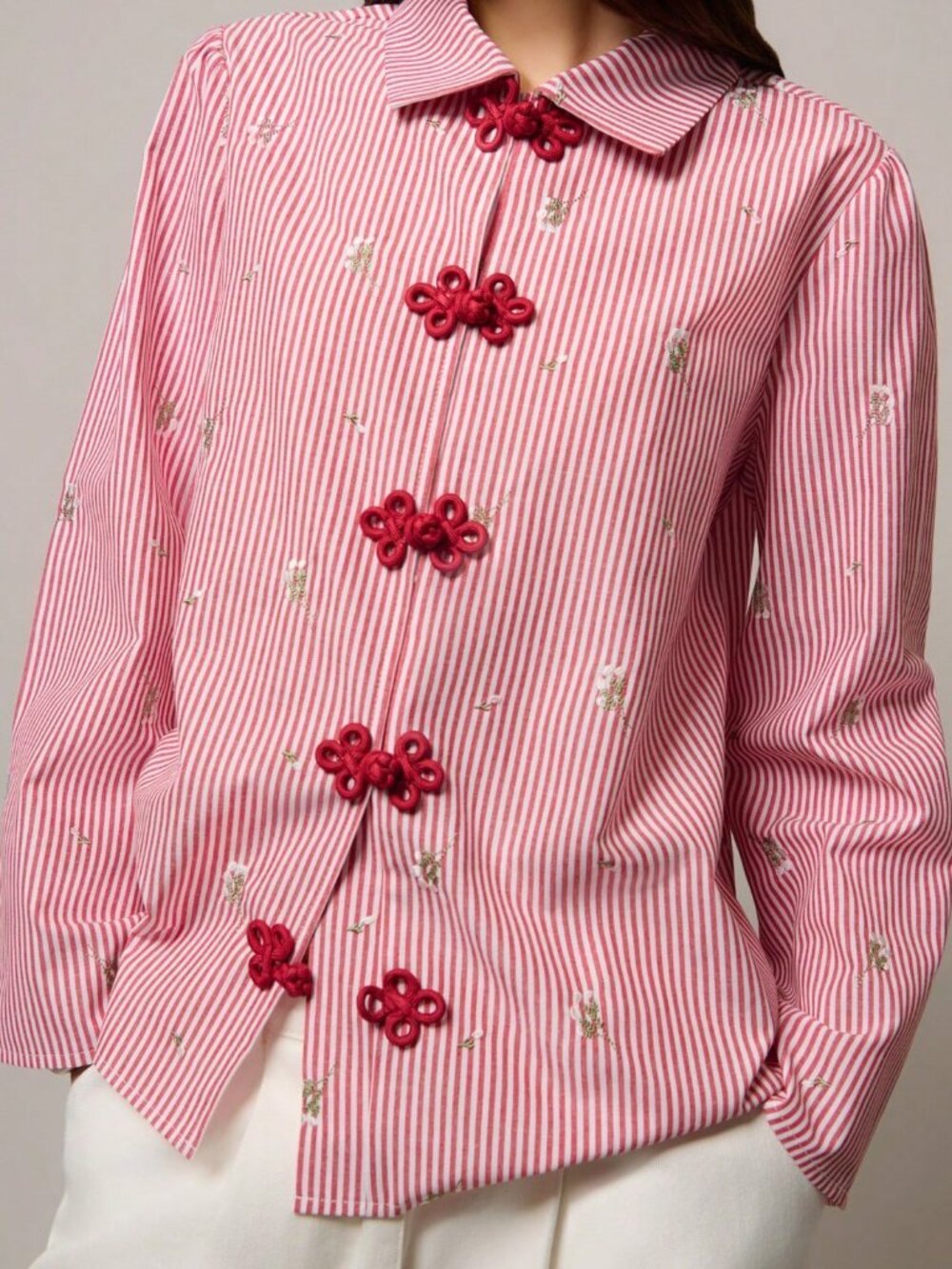 Red Casual Women's Loose Blouse with Front Buttons - Picture 4 of 6